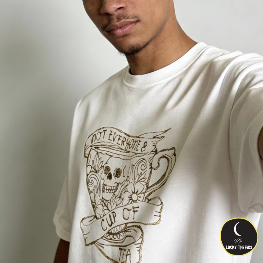 Ben modelling 'Not everyone's cup of tea' tee in gold on white