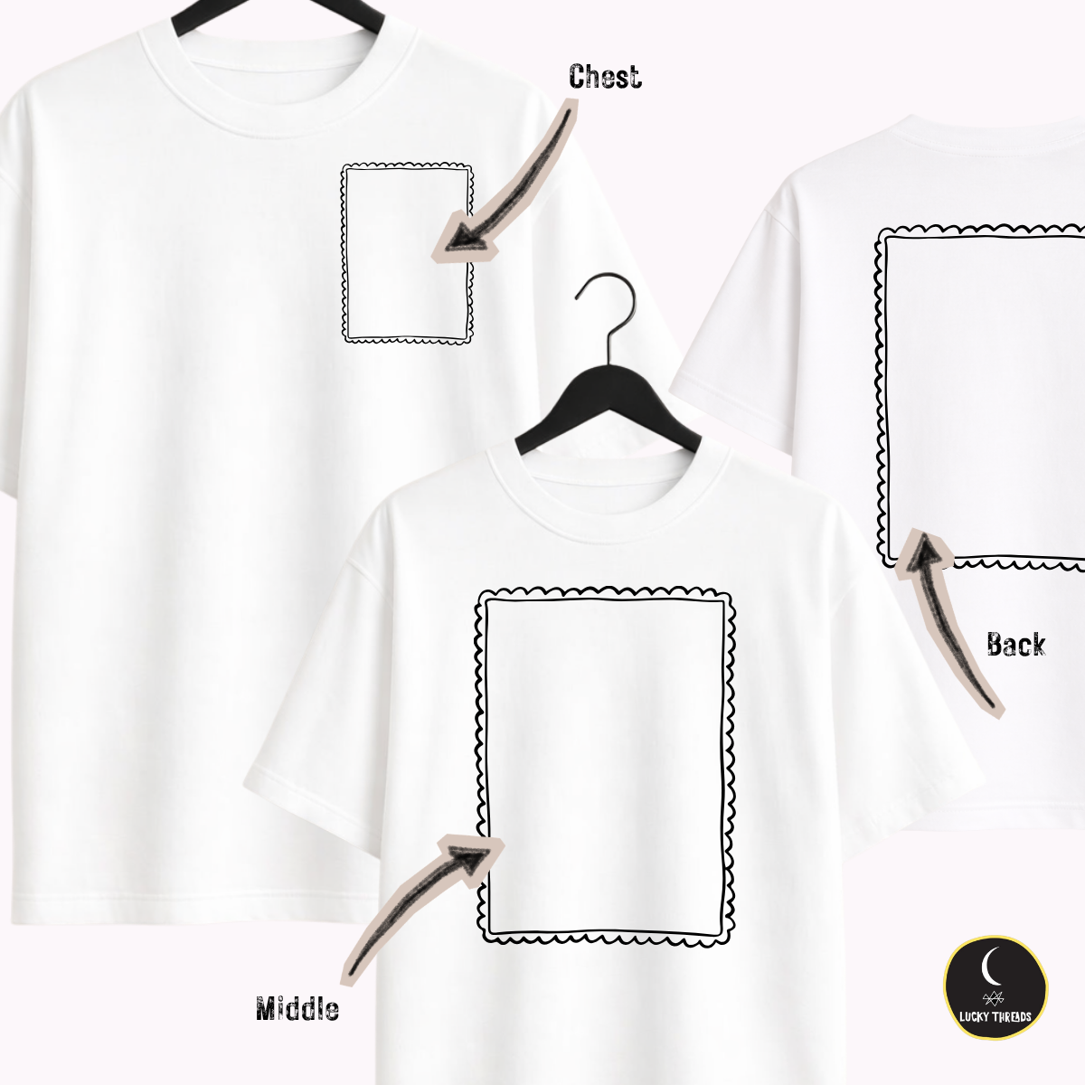 Three white T‑shirts showing different design placement options. The first displays a stitched area on the chest, the second shows a centred front placement, and the third shows a large stitched area on the back. Each placement is labelled Chest, Middle, or Back, with the Lucky Threads logo in the corner.