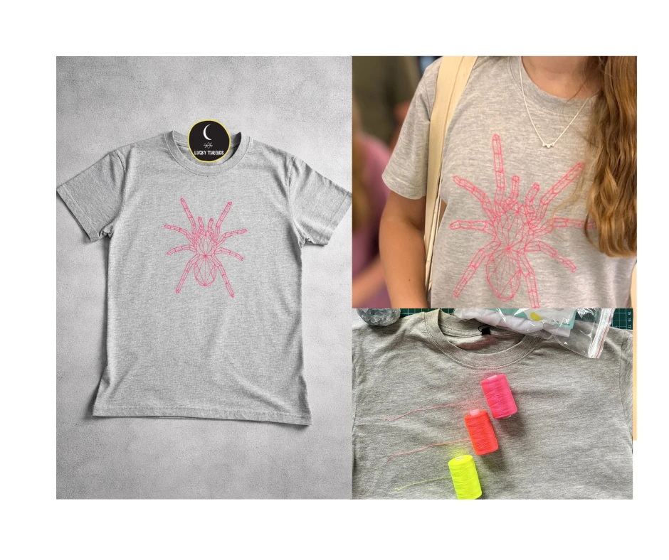 Spider Tee in pink on grey LuckyTHreads
