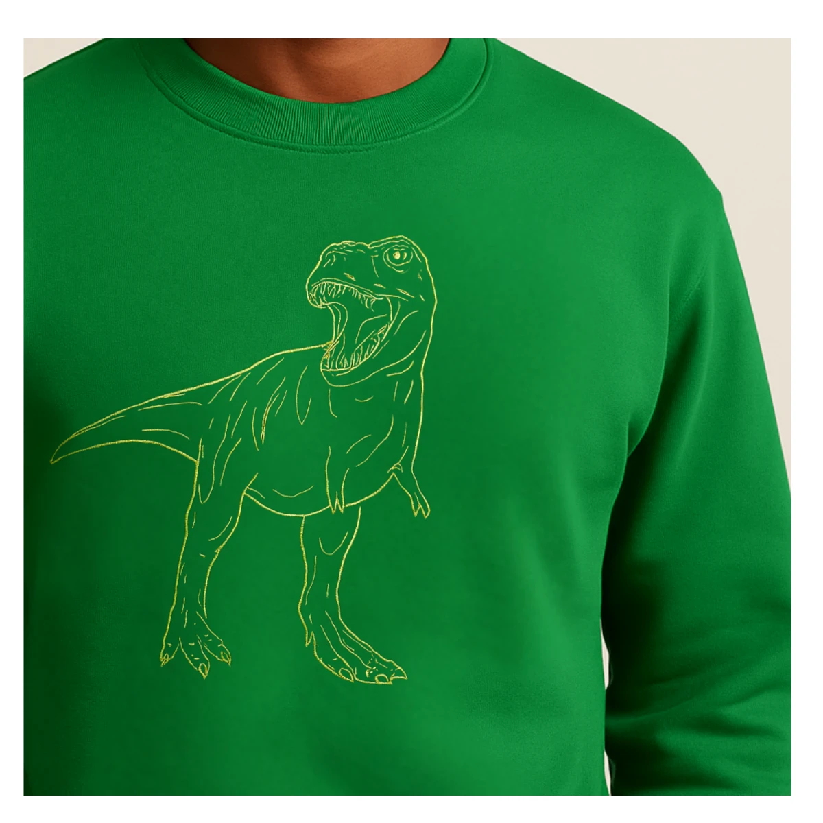 Green sweatshirt with T-Rex design by LuckyThreads UK