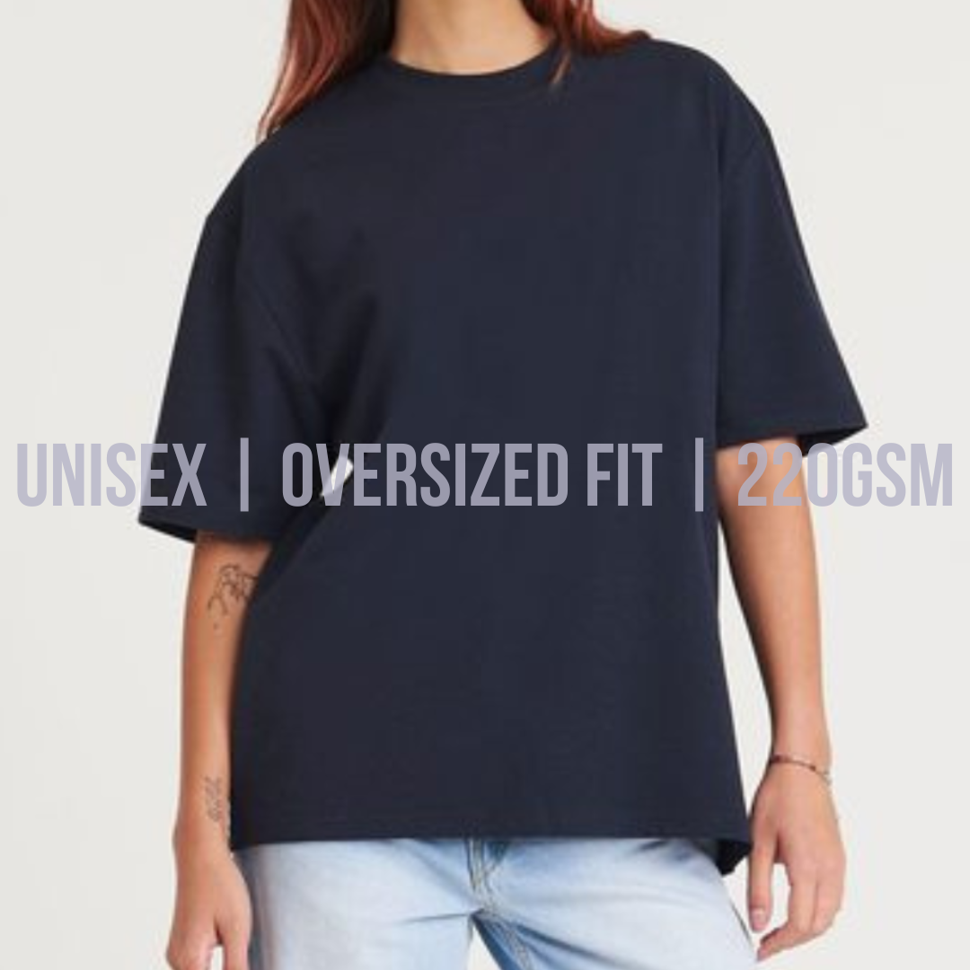 Lucky Threads unisex oversized 220GSM navy T‑shirt shown on a model.