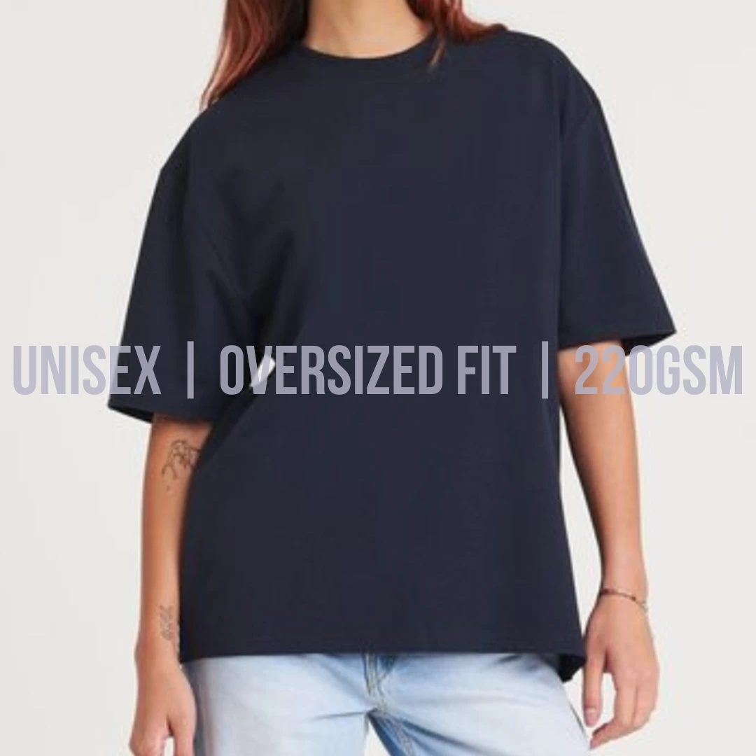 Unisex Oversized Fit 220GSM Lucky Threads unisex oversized 220GSM navy T‑shirt shown on a model.