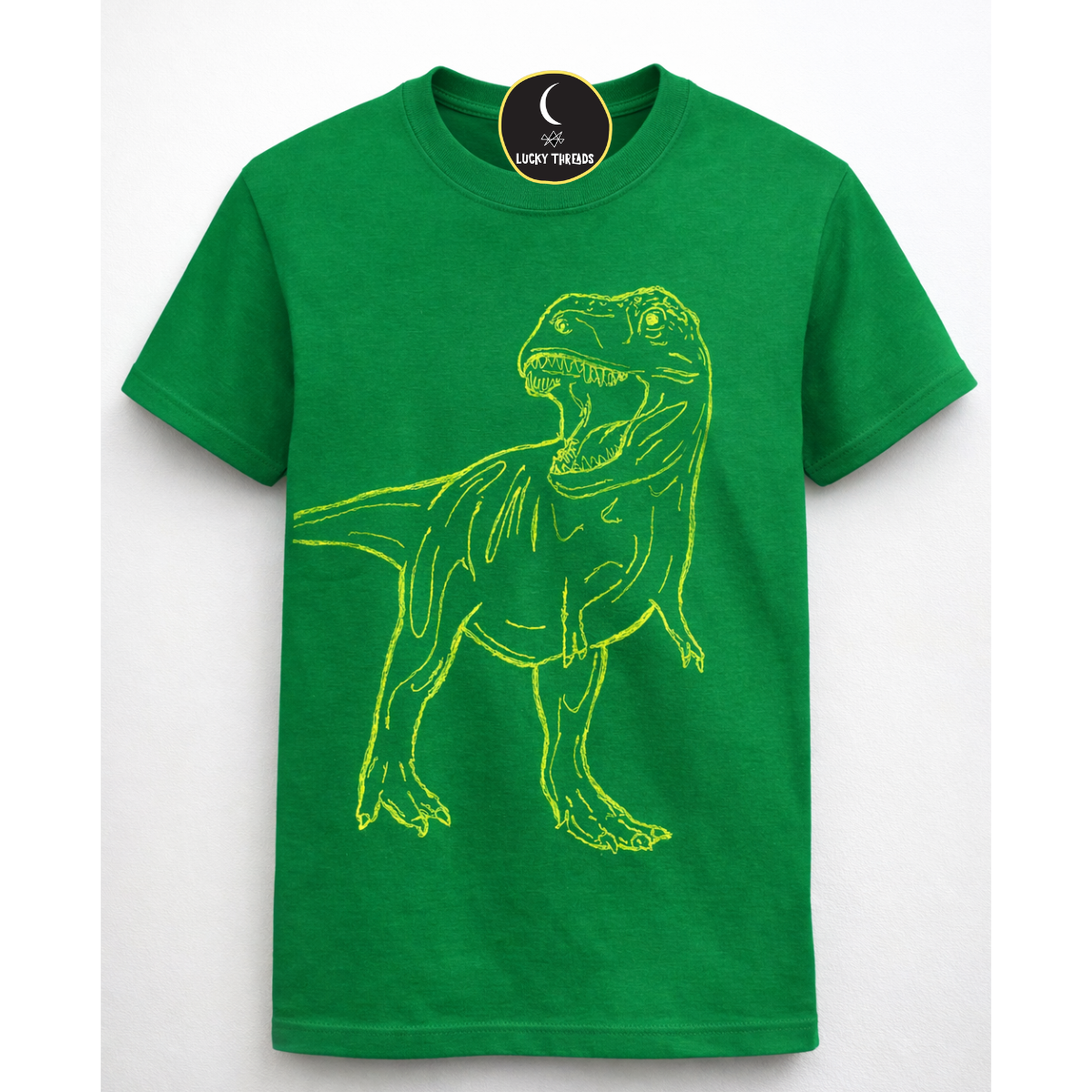 Bright Green T-Shirt with oversized t-rex stiched in bright yellow threads by lucky threads
