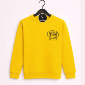 Yellow Childrens Sweater Lucky Threads with a Puggle Dog Design in stitched black thread