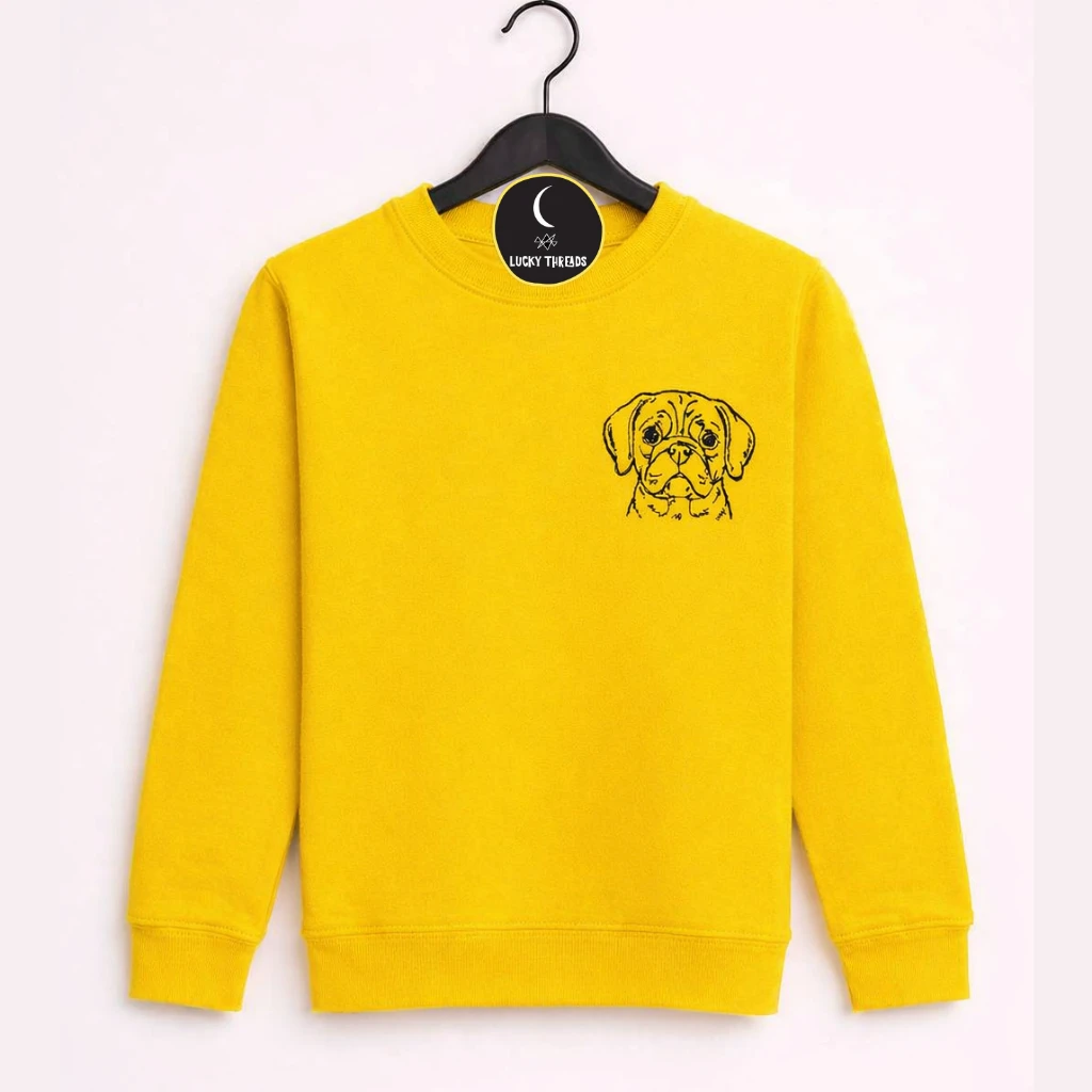Yellow Childrens Sweater Lucky Threads with a Puggle Dog Design in stitched black thread