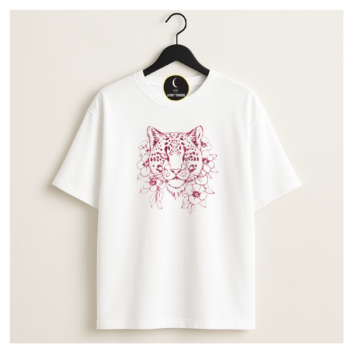 thread art in pink big cats floral t-shirt on hanger