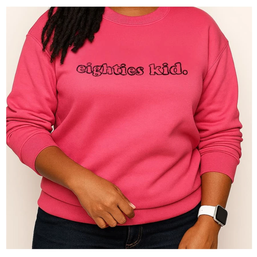 Beautiful model wearing pink eighties kid sweatshirt custom made by lucky threads UK
