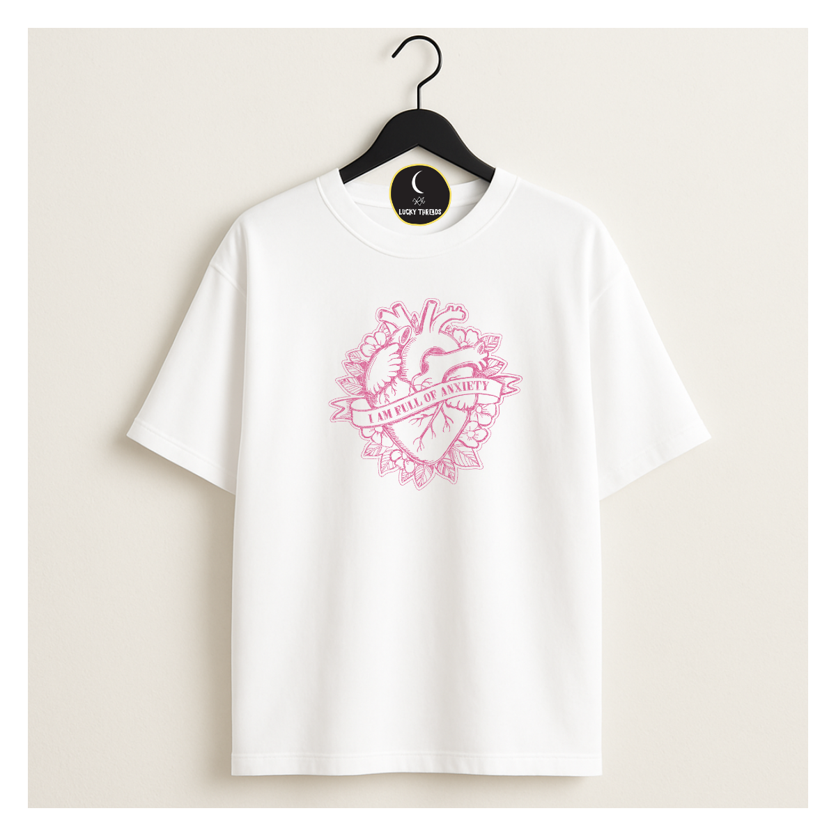 white tshirt with pink thread design anxiety lucky threads uk