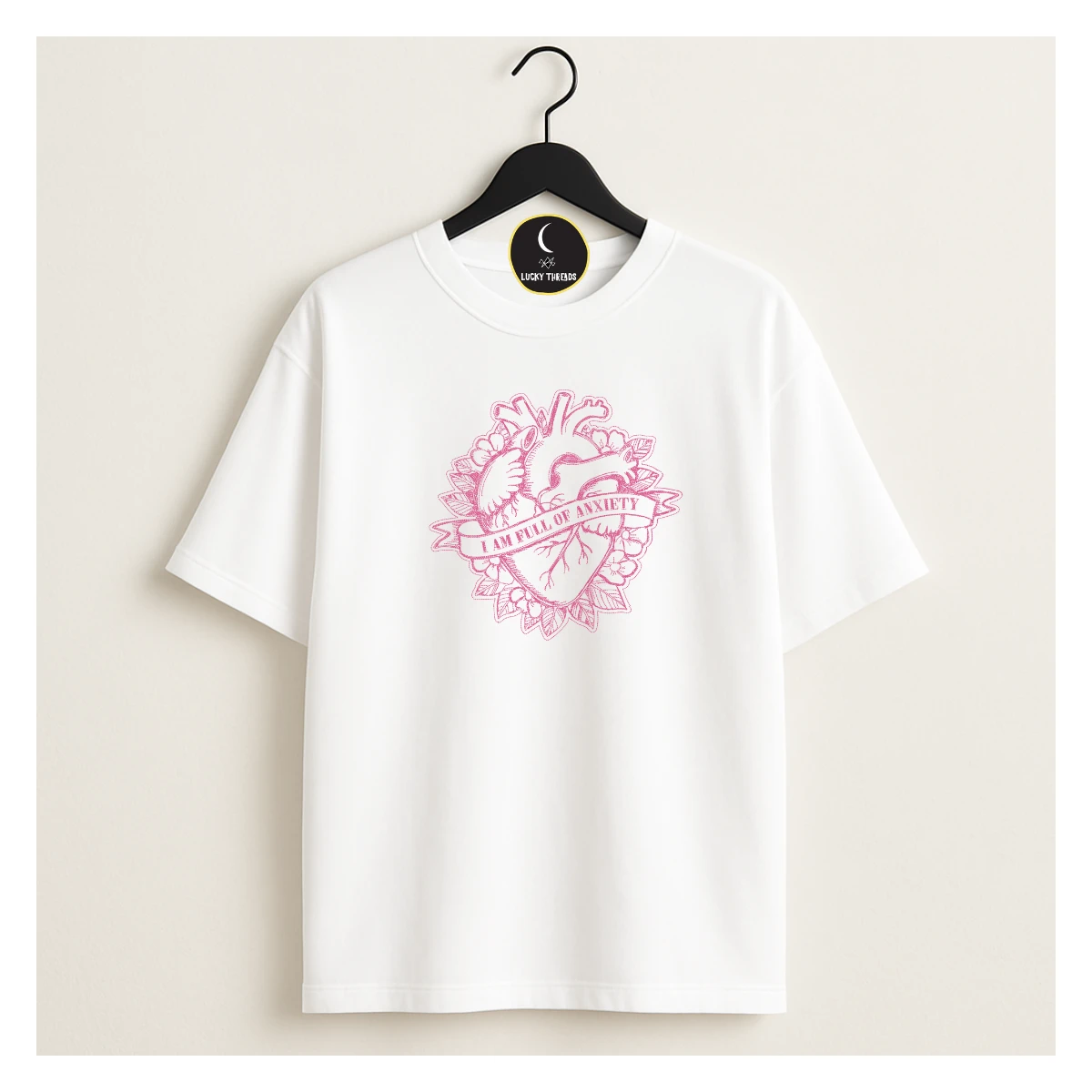 white tshirt with pink thread design anxiety lucky threads uk