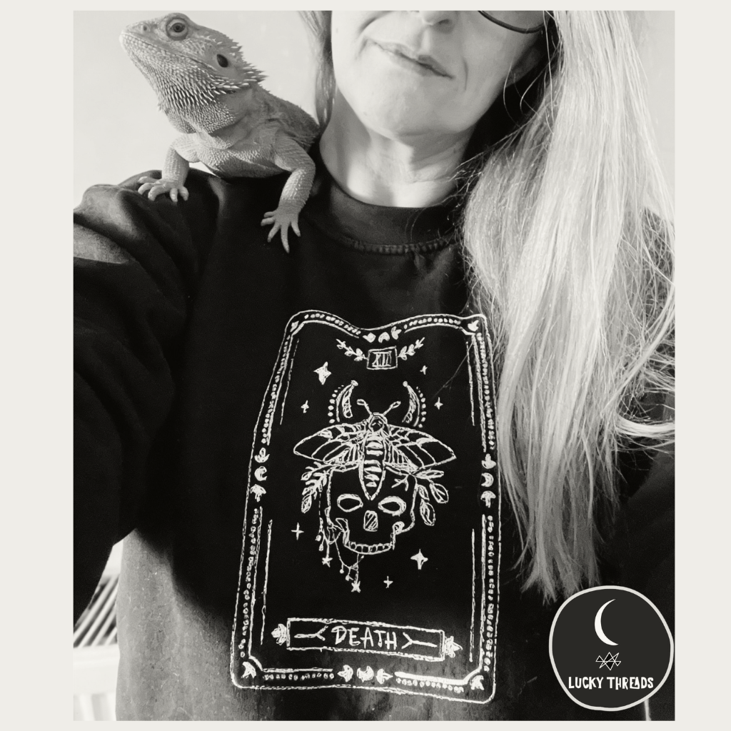Lucky Threads Death Tarot sweater with Rex