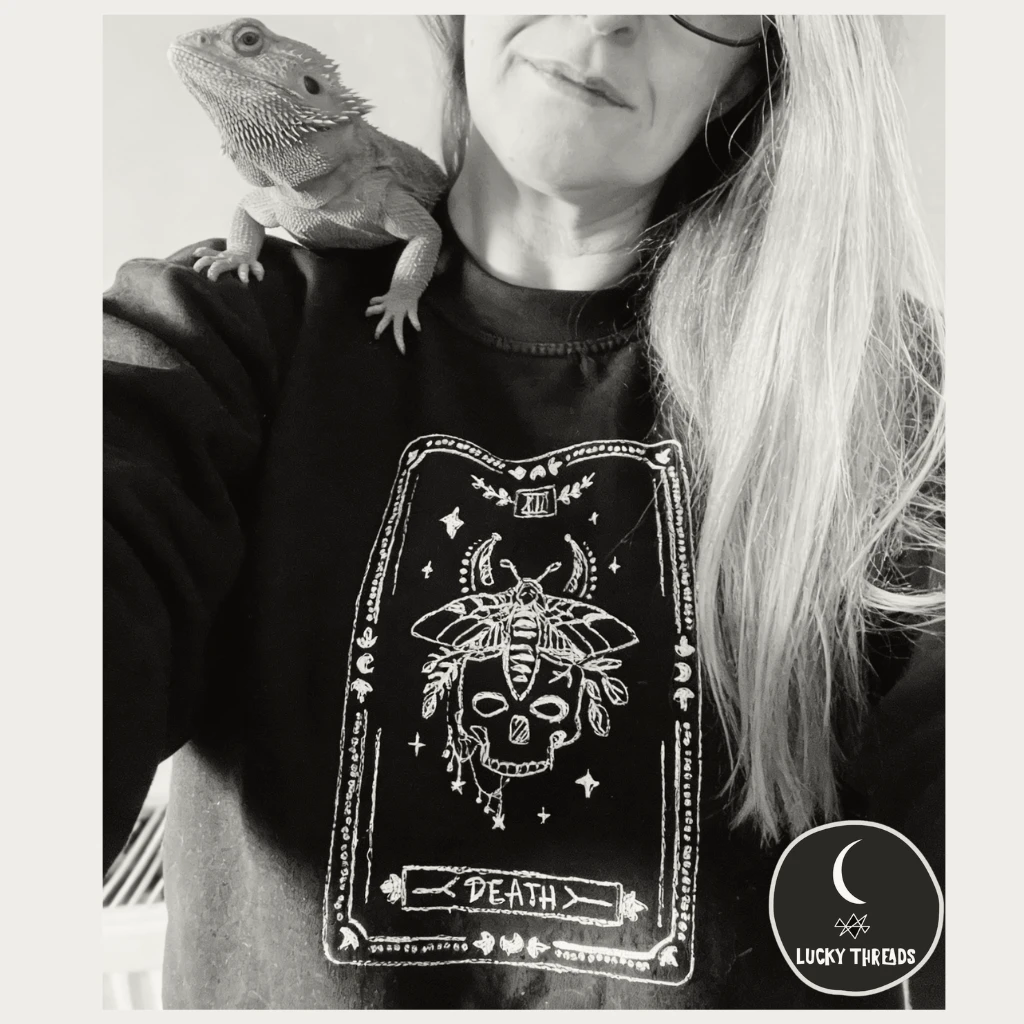 Lucky Threads Death Tarot sweater with Rex