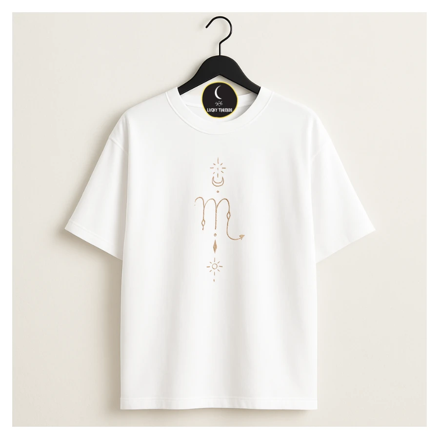 Zodiac symbol on white tee by lucky threads UK