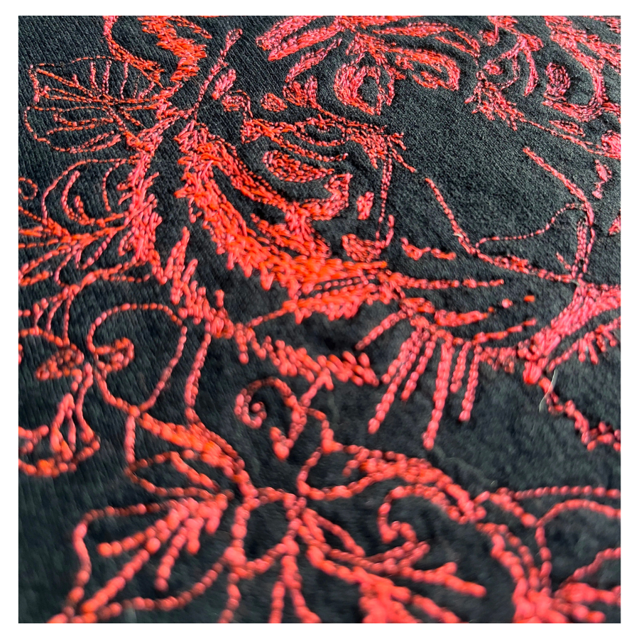 Close-up of floral big cat embroidery on handmade stitched sweatshirt by Lucky Threads