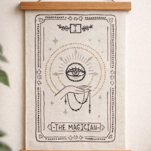 Hand-stitched Magician tarot wall hanging on an 11 × 14 inch (28 × 36 cm) canvas, shown unframed with free-motion embroidery and hand beading.