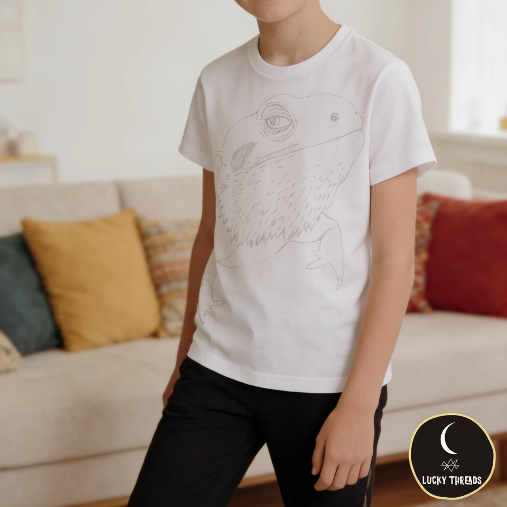 Person wearing a white T‑shirt with a minimalist line drawing of a bearded dragon on the front, standing in a cosy living room with a beige sofa and colourful cushions. A small circular “Lucky Threads” logo appears in the bottom corner.