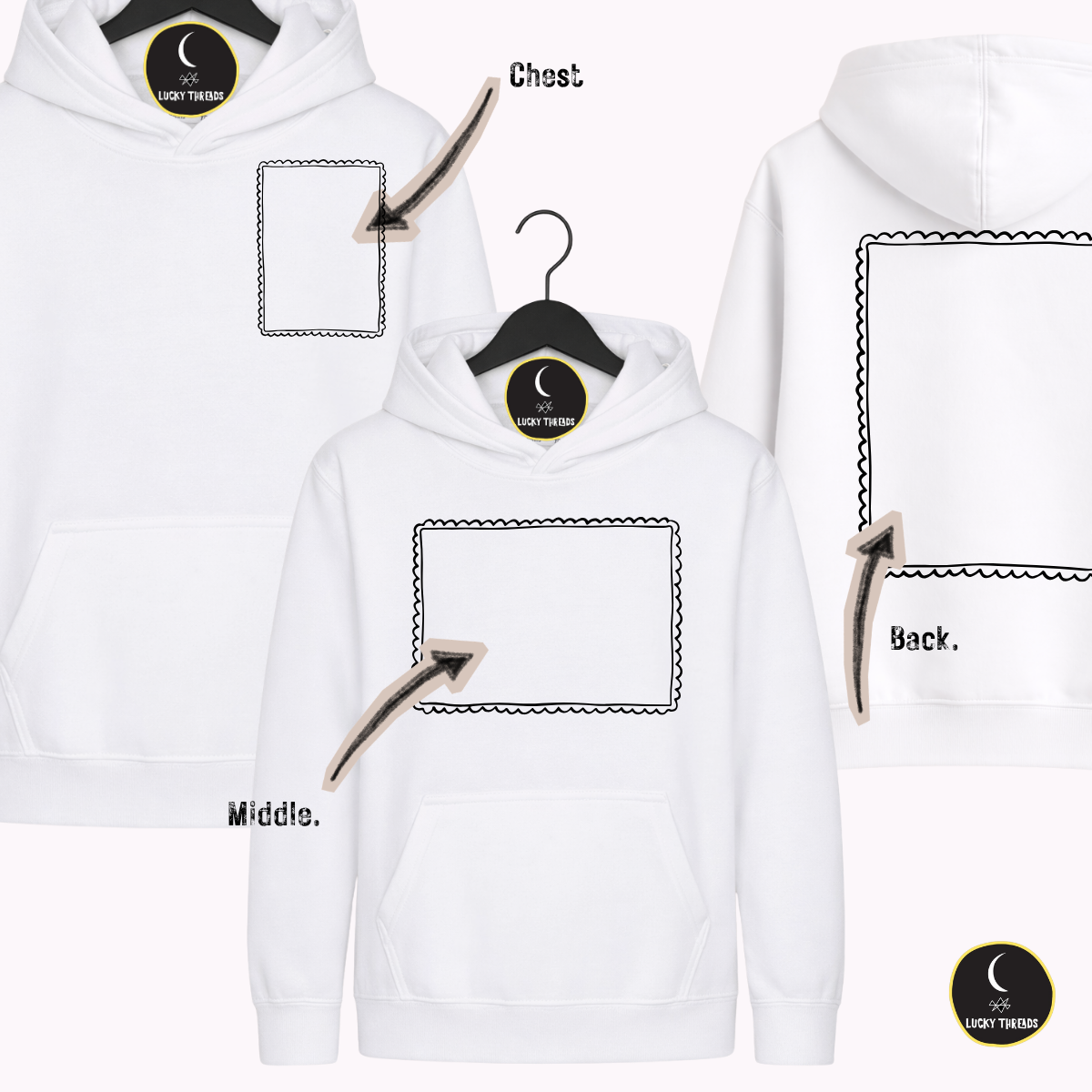 White AWDis kids hoodie showing design placement guide: Chest (small front left), Middle (large central front), and Back (large full back), with Lucky Threads brand label