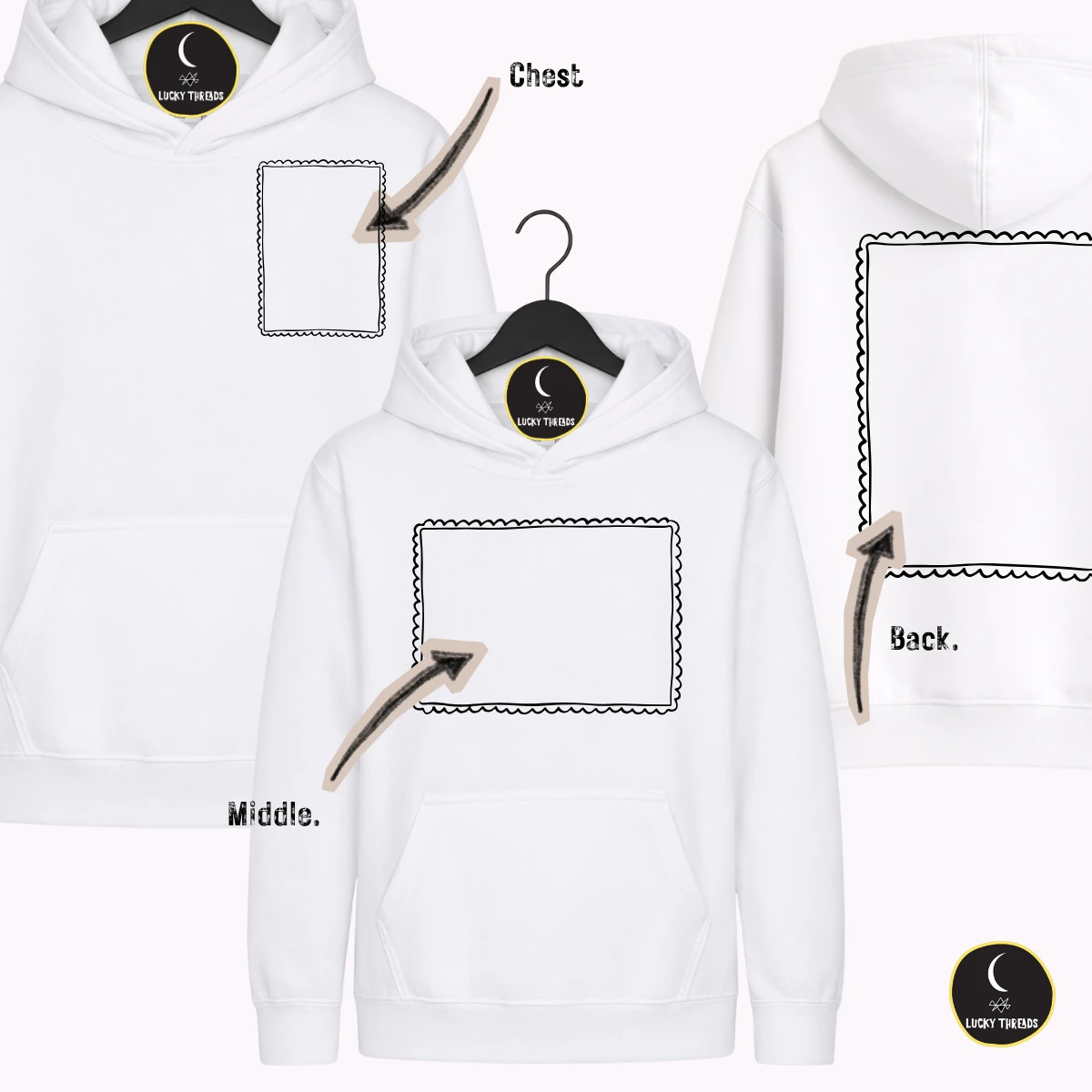 White AWDis kids hoodie showing design placement guide: Chest (small front left), Middle (large central front), and Back (large full back), with Lucky Threads brand label