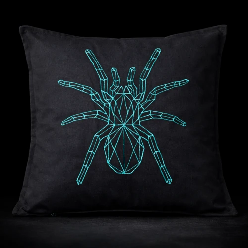 Geometric spider cushion cover in turquoise thread on black cotton